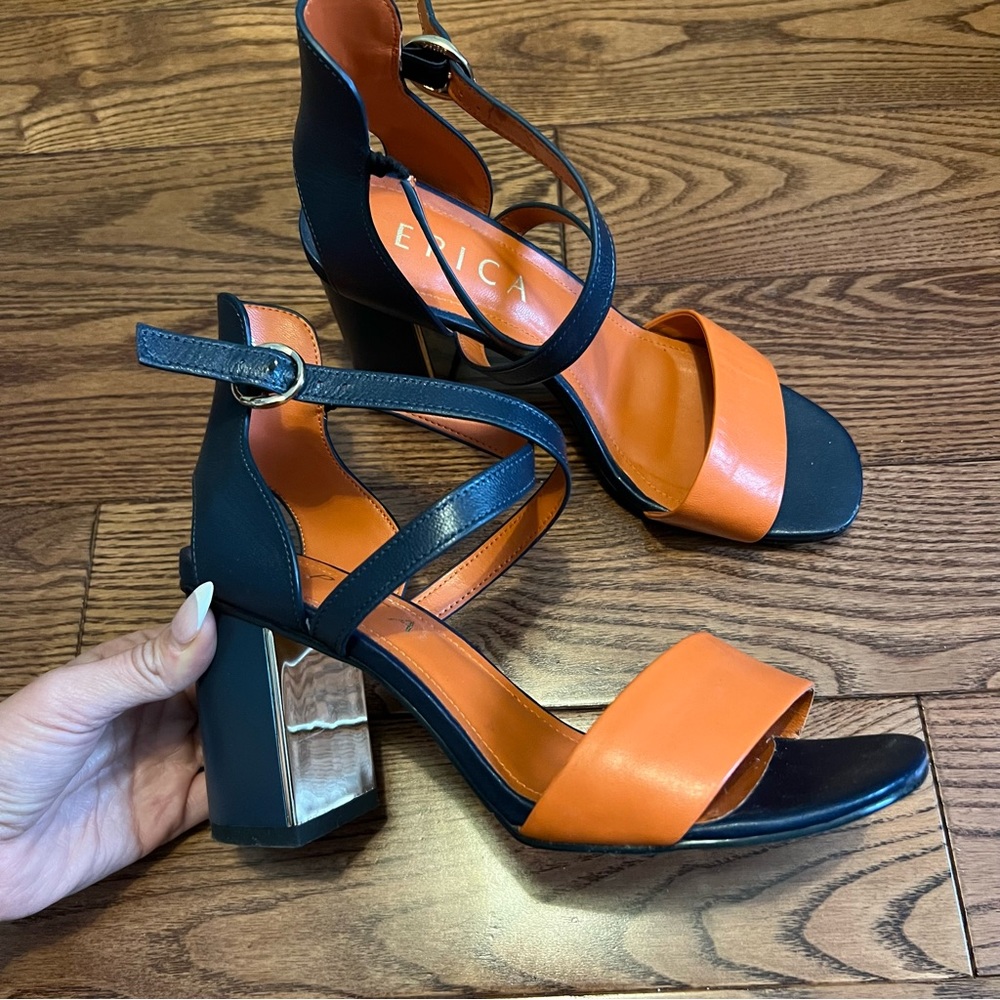 European Leather Heeled Sandal. Navy/Orange/Gold - 36